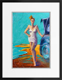 A proud young woman in a white one-piece swimsuit at the beach, leaning against a vintage car.