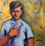A young boy holds his pet dove gently to his chest. The boy grows up to become an advocate for peace. That's my version of the story. What's yours?