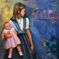 A girl holds her pink-clad doll, looking aside at something unknown. Many of my paintings are narrative in nature, but everyone brings to the work his or her own stories. I look forward to learning how you interpret this evocative piece.