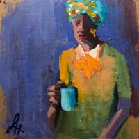 How sweet it is to start your day with an aromatic cup of coffee and a few moments to oneself like this woman with the orange bow and colorful turban is doing!