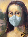 Mona smiles with her eyes as she wears a mask to protect herself and her neighbors from the plague. A visual parody of Mona Lisa.