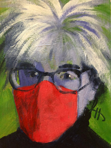 Portrait of Andy Warhol with wild white hair, dark-rimmed glasses, and a red mask.
