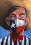 Big Texas wearing a Texas state flag mask.