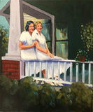 Two young women sit closely together on the rail of the front porch. Artist, Laura Hunt.