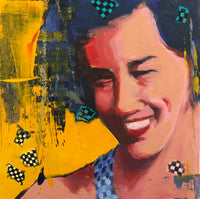 The smiling face of a young woman with dark hair in bright sunshine. Checker pattern collage pieces animate the surface. By Laura Hunt.