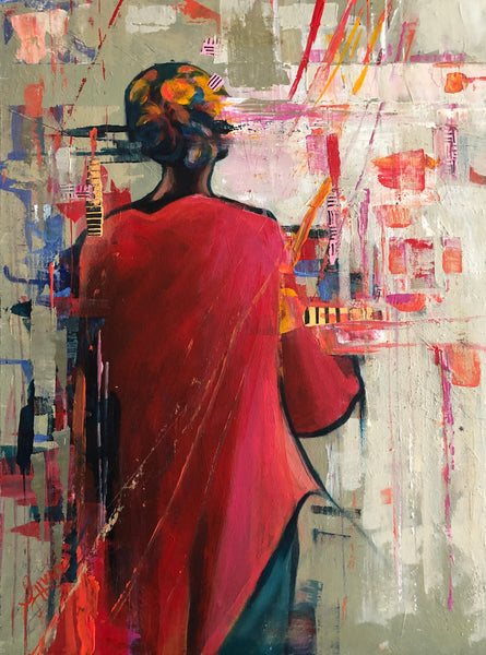 Back view of a woman wearing a colorful hat and a red shawl. The figure has a dark outline, and the edges are broken with abstract shapes and strokes.