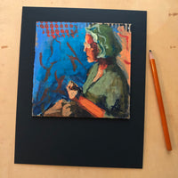 This image shows how the art is mounted on mat board. The pencil demonstrates relative size.