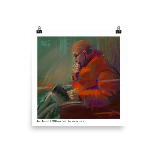 An older man wearing a red puffer jacket sits in a comfortable chair reading his book. Artist, Laura Hunt.