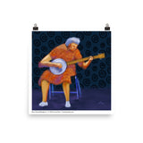 An elderly woman enthusiastically plays her banjo. Artist Laura Hunt