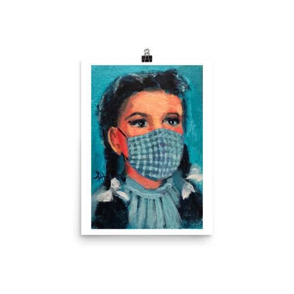 Dorothy from the Wizard of Oz wears a blue gingham mask. Art by Laura Hunt