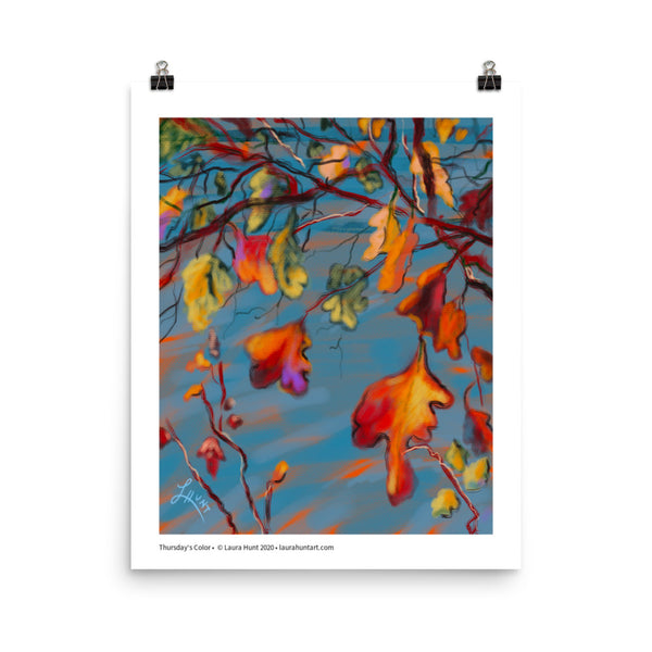 Oak leaves in orange, yellow, gold, purple green and yellow cling to the tree. By Laura Hunt