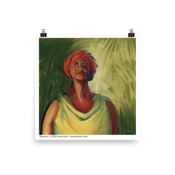 A woman in a red turban stands tall and strong, looking upward.