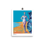 Tall woman wearing a white swimsuit, leaning against a vintage automobile. By Laura Hunt, artist.