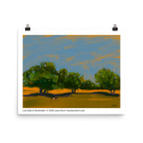 Live oak trees in a green and gold landscape against a blue sky. By Laura Hunt