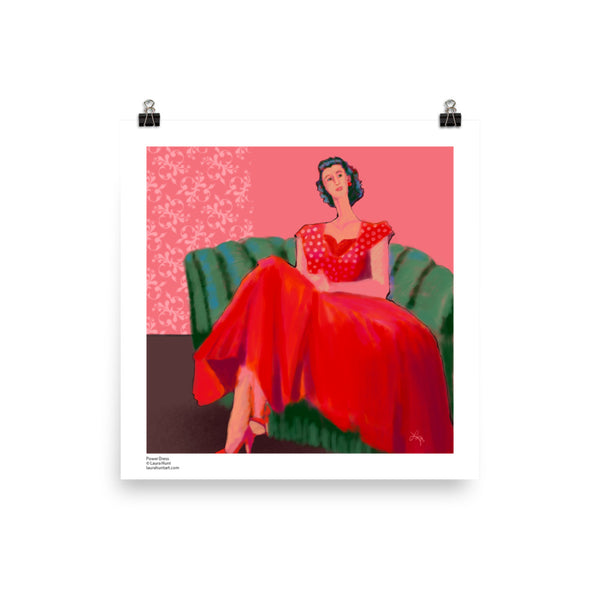  A confident women wearing a red dress with a sweeping skirt sets on a green sofa. Art by Laura Hunt